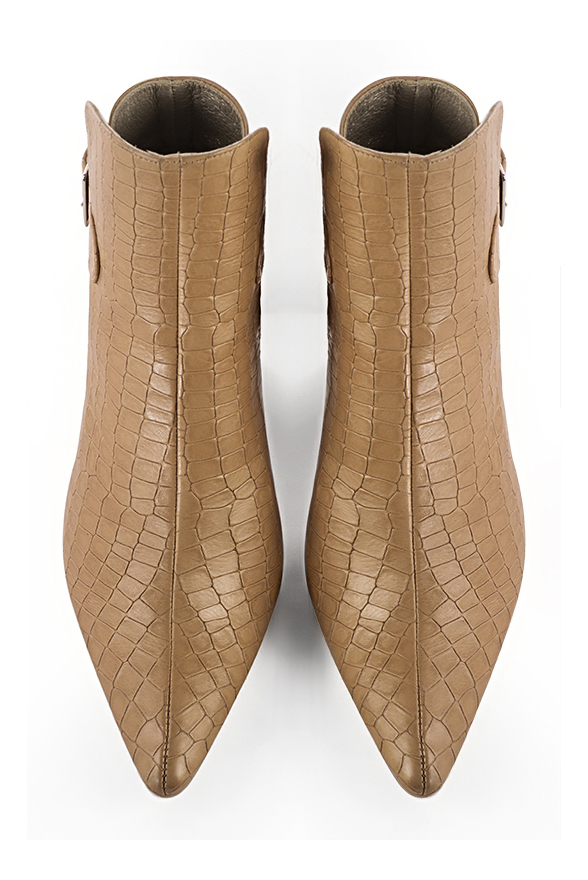 Camel beige women's ankle boots with buckles at the back. Tapered toe. High slim heel. Top view - Florence KOOIJMAN